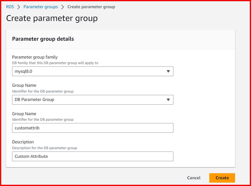 Picture showing the Create parameter group screen for creating the new parameter group